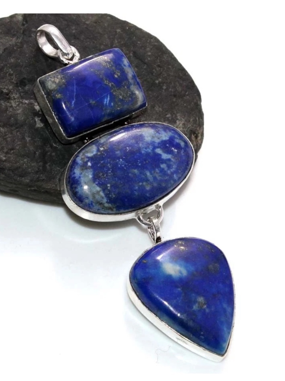 New! Lapis Lazuli Triple Stone .925 Sterling Silver Overlay Pendant